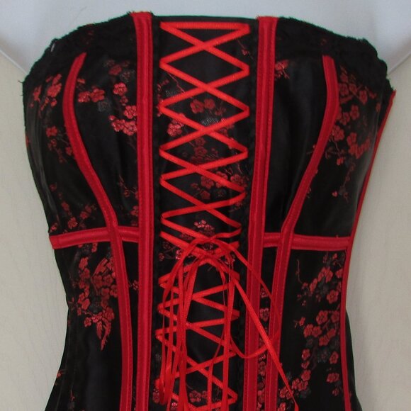 Black Red Asian Themed Jacquard Corset Set - NEW - Picture 8 of 9